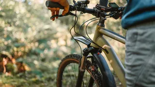 Close-up of the front part of a green mountain bike on a forest path, whose brake is just pressed