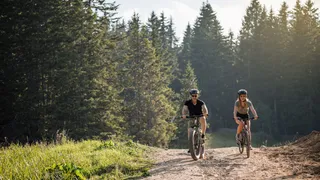 A man and a woman with a bicycle helmet ride on mountain bikes through a sunny forest piece and laugh